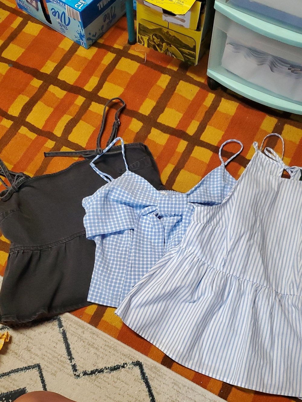 Women's Sleeveless Top Bundle - Black Denim, Light Blue Gingham & Blue Stripe